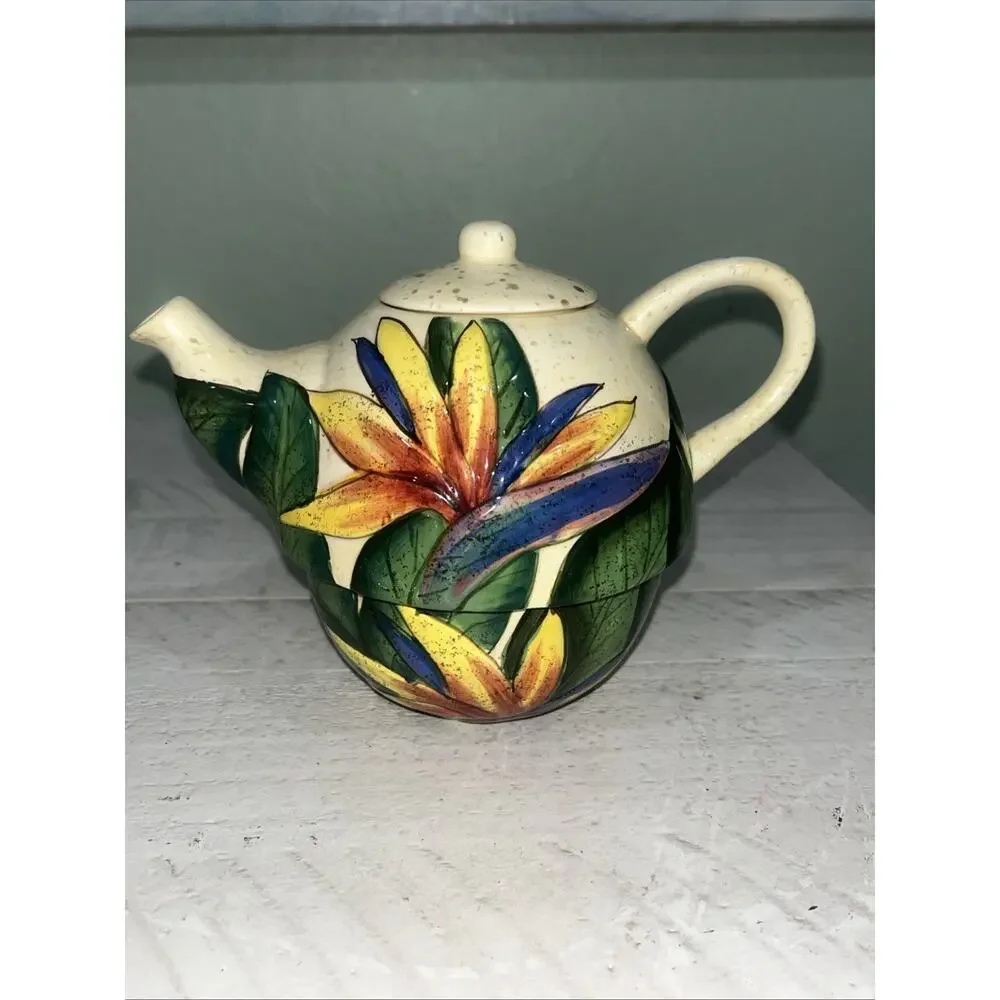 Island Plantations Hand Painted Floral Ceramic Set 8oz Teapot Cup Saucer Lid